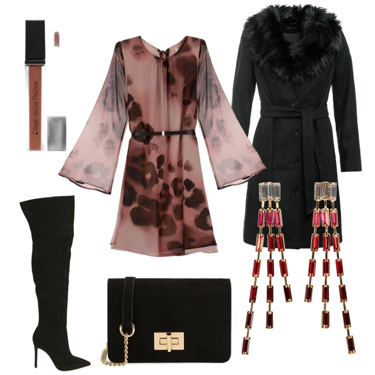 Outfit donna - Eleganza animalier. Stile Glamour per Serata fuori. Abbinamento con orecchini, cappotti, gloss, vestiti corti, stivali, borse a tracolla.