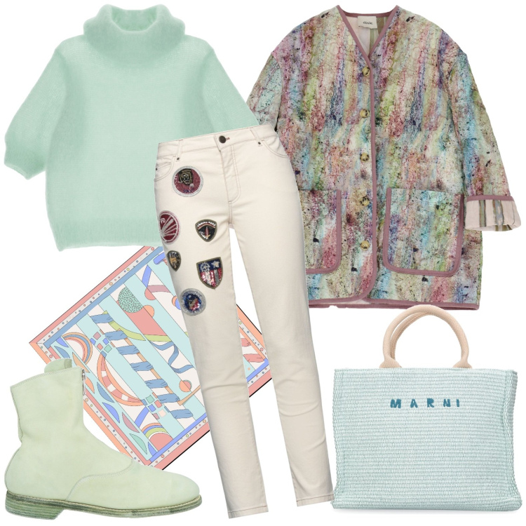 Outfit donna - Colore soft. Stile Casual per Tutti i giorni. Abbinamento con jeans slim fit, stivaletti, maglieria, blazer, foulard, shopping bag.