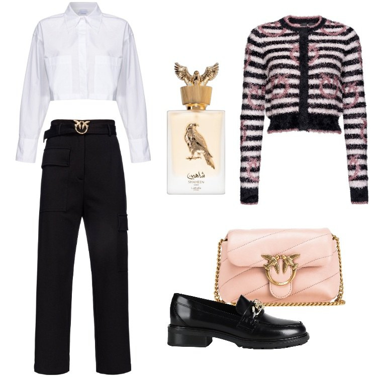 Outfit donna - Pinko per l\'Ufficio-Febbraio. Stile Mannish per Ufficio. Abbinamento con mocassini, profumi, pantaloni cargo, cardigans, camicie, borse a tracolla.