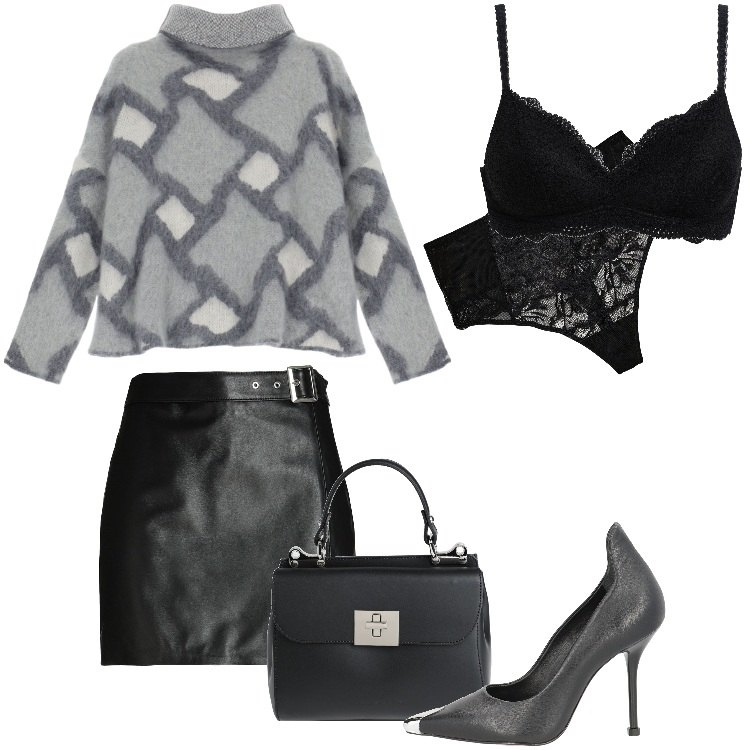 Outfit donna - La mini in pelle-Febbraio. Stile Rock per Serata fuori. Abbinamento con perizomi, décolleté, minigonne, borse a mano, bralette, maglieria.