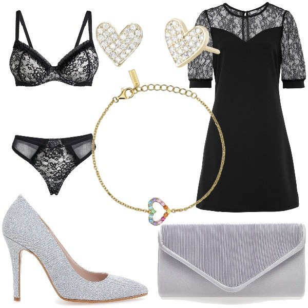 Outfit donna - Be My Valentine. Stile Glamour per Serata fuori. Abbinamento con vestiti corti, reggiseni, braccialetti, orecchini, pochette, décolleté.