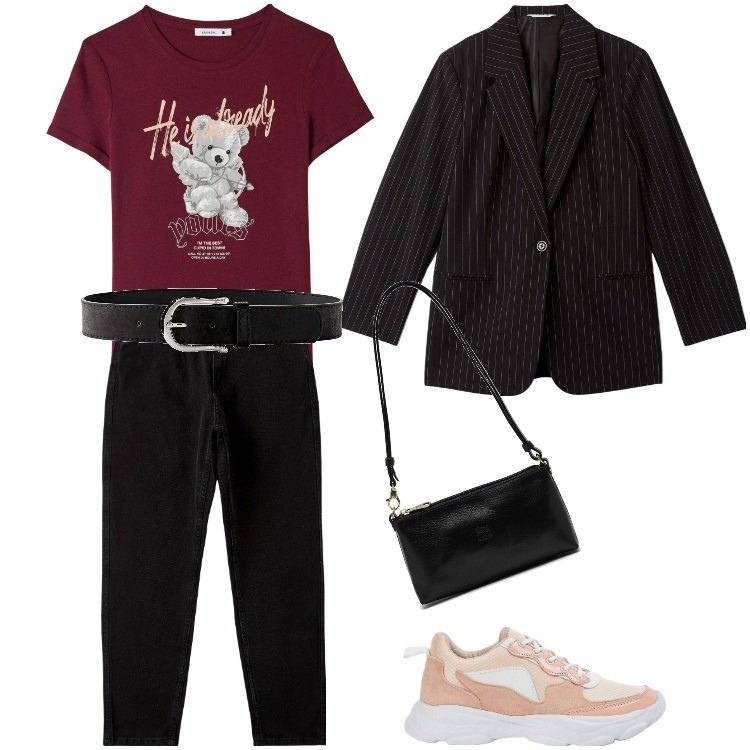 Outfit donna - Terranova-Febbraio. Stile Sporty chic per Tutti i giorni. Abbinamento con cinture, jeans mom, t-shirt, blazer, sneakers, borse a spalla.