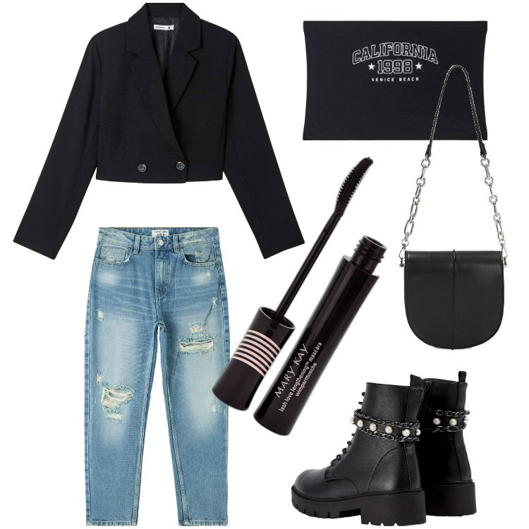 Outfit donna - Da mattina a sera-Febbraio. Stile Rock per Tutti i giorni. Abbinamento con mascara, jeans mom, blazer, anfibi, top, borse a tracolla.