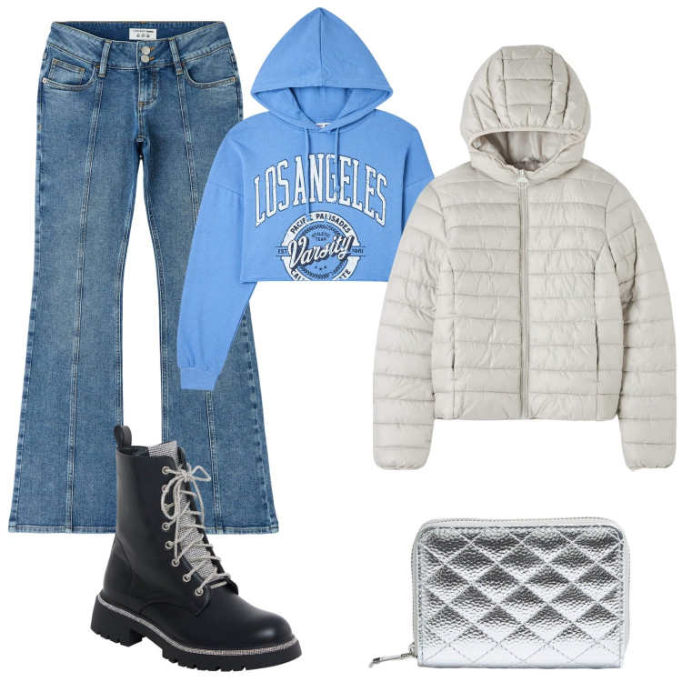 Outfit donna - Terranova streetwear. Stile Urban per Scuola/Università. Abbinamento con blazer, jeans a zampa, portafogli, felpe con cappuccio, anfibi.