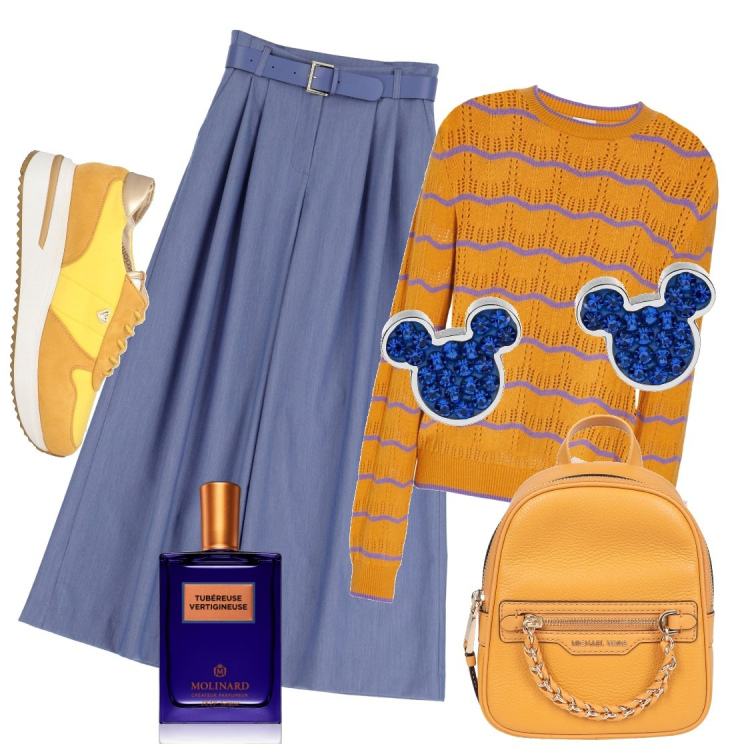 Outfit donna - Di sole e di azzurro. Stile Casual per Tutti i giorni. Abbinamento con pullovers, zaini, sneakers, orecchini, profumi, pantaloni a palazzo.