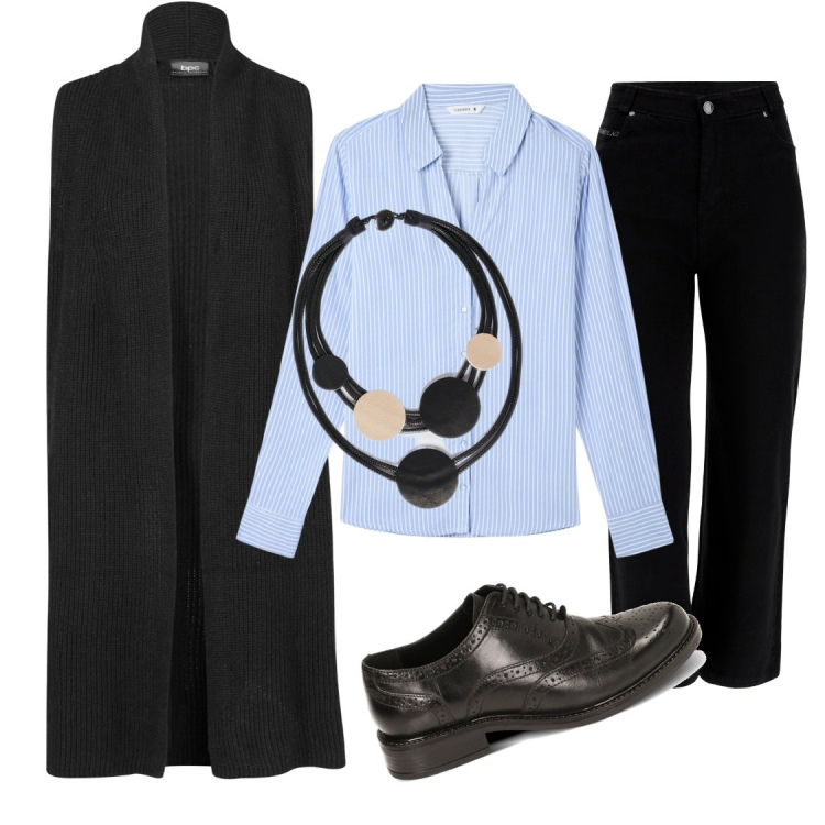 Outfit donna - In ufficio col maxi gilet. Stile Casual chic per Tutti i giorni. Abbinamento con maglieria, camicie, jeans dritti, scarpe stringate, collane.