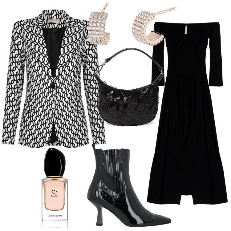 Outfit donna - Serata fuori collection 1. Stile Bon Ton per Serata fuori. Abbinamento con stivaletti chelsea, profumi, orecchini, cappotti, vestiti midi/longuette, pochette.
