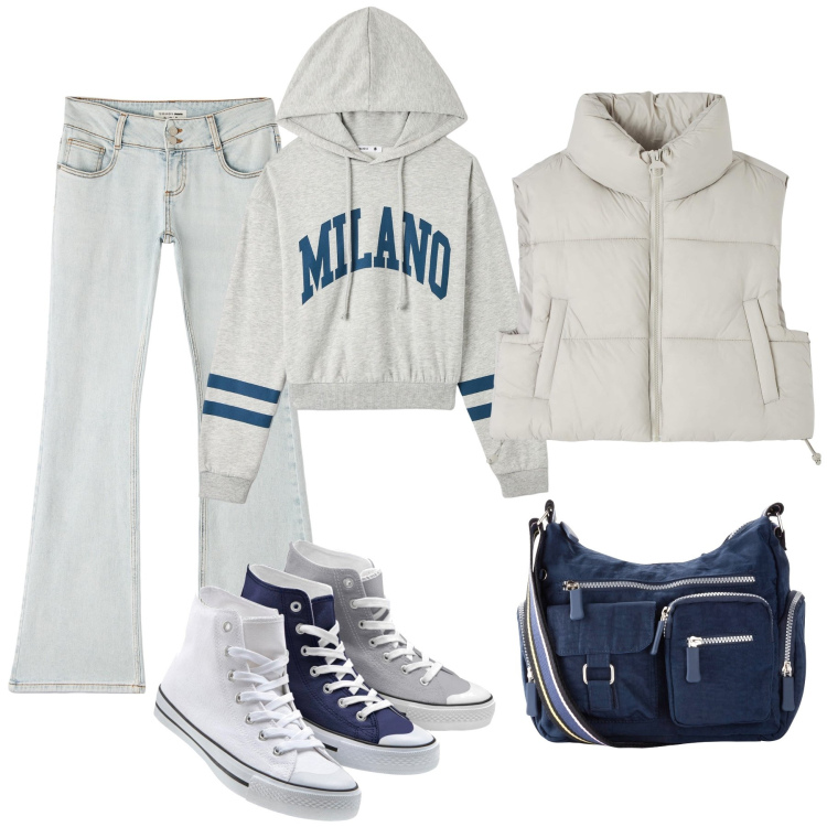 Outfit donna - Passeggio nella mia città. Stile Casual per Tutti i giorni. Abbinamento con borse a tracolla, sneakers alte, felpe con cappuccio, piumini, jeans a zampa.