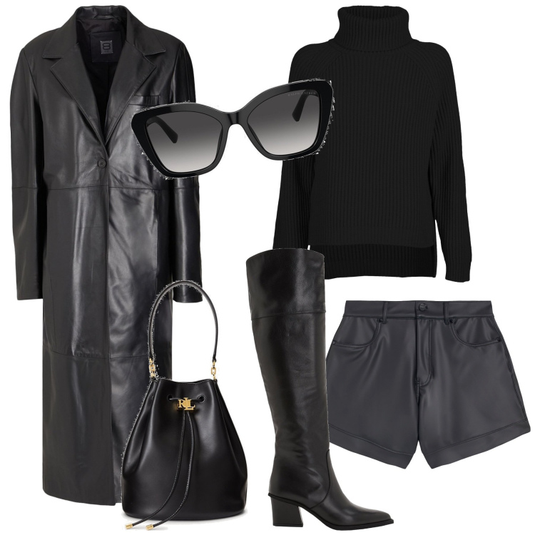 Outfit donna - Giacca in pelle. Stile Sexy per Tutti i giorni. Abbinamento con stivali sopra il ginocchio, cappotti, shorts, occhiali da sole, borse a secchiello, maglieria.