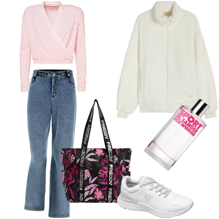 Outfit donna - Sempre di corsa-Febbraio. Stile Trendy per Tutti i giorni. Abbinamento con profumi, top, jeans, blazer, sneakers, shopping bag.