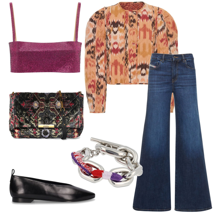Outfit donna - 1970. Stile Vintage retrò per Tutti i giorni. Abbinamento con jeans, braccialetti, ballerine, cappotti, borse a spalla, top.