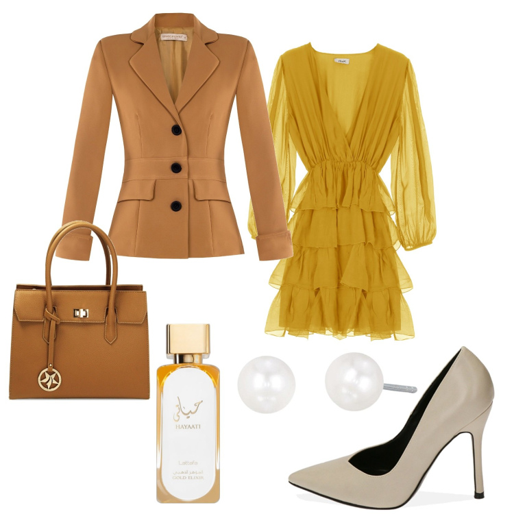 Outfit donna - Look ambrato. Stile Chic per Ufficio. Abbinamento con profumi, cappotti, orecchini, vestiti corti, borse a mano, décolleté.