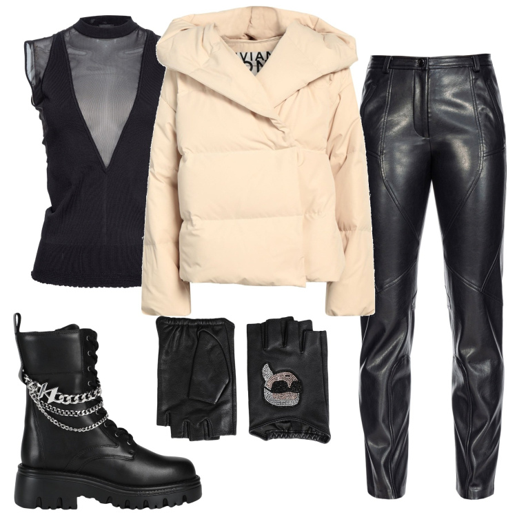 Outfit donna - Guanti Glamour. Stile Rock per Serata fuori. Abbinamento con guanti, piumini, stivaletti, maglieria, pantaloni.