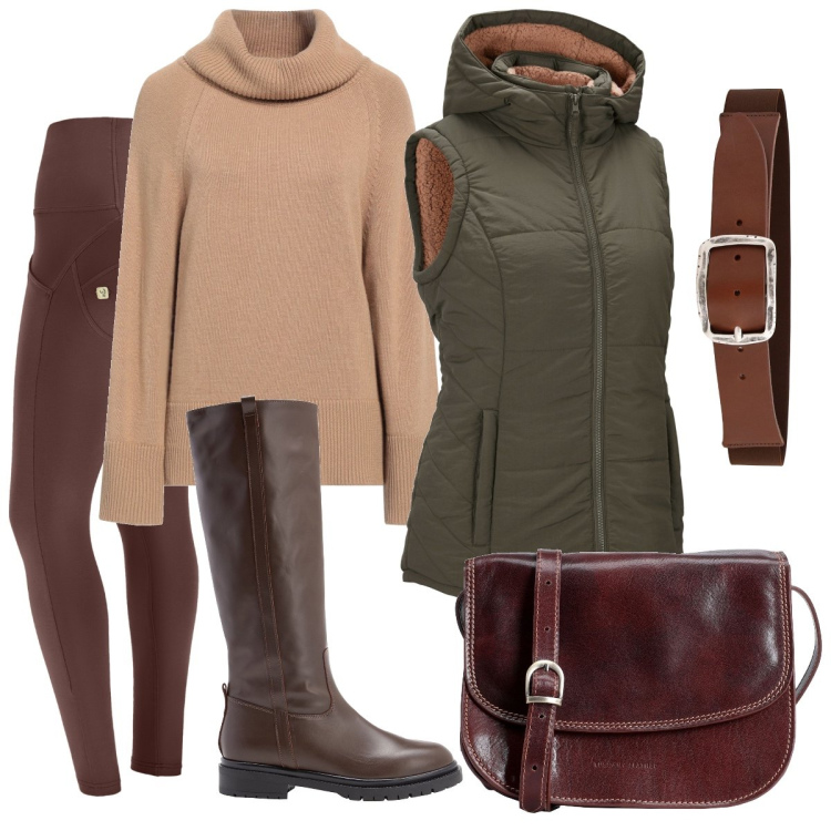 Outfit donna - Al lavoro in maneggio. Stile Sporty chic per Tutti i giorni. Abbinamento con stivali, maglieria, borse a tracolla, gilet, cinture, pantaloni skinny.