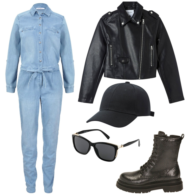Outfit donna - Collaudatrice di moto. Stile Casual per Ufficio. Abbinamento con tute, occhiali da sole, cappelli, giacche, anfibi.