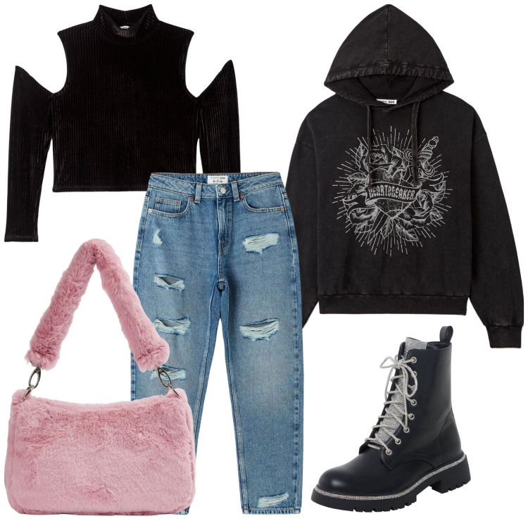 Outfit donna - Terranova Streetwear. Stile Urban per Tutti i giorni. Abbinamento con jeans mom, t-shirt, anfibi, felpe con cappuccio, borse a spalla.