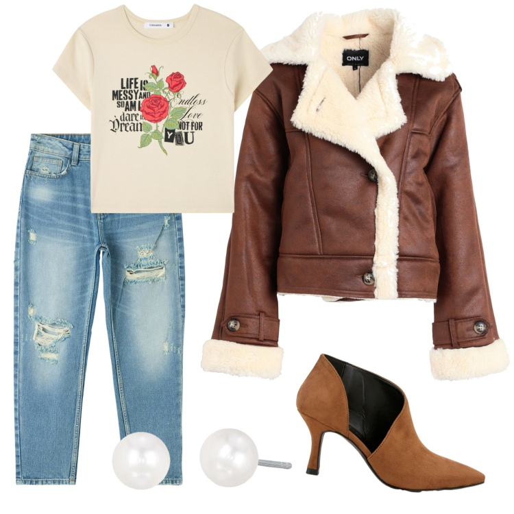 Outfit donna - Total look #1818483. Stile Casual per Tutti i giorni. Abbinamento con blazer, jeans mom, t-shirt, orecchini, stivaletti.