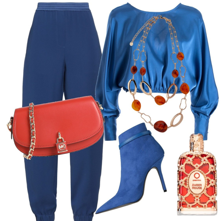 Outfit donna - Parola d\'ordine: colore!. Stile Rock per Tutti i giorni. Abbinamento con pantaloni, stivaletti, borse a tracolla, profumi, bluse, ciondoli.