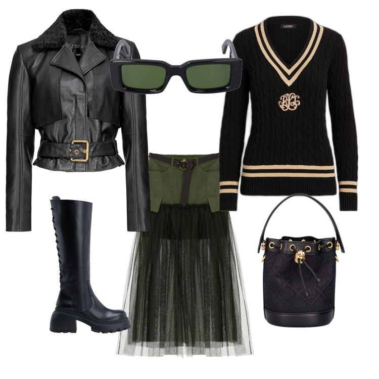 Outfit donna - Glam collection 1. Stile Glamour per Serata fuori. Abbinamento con stivali, giacche, gonne lunghe, maglieria, borse a mano, occhiali da sole.