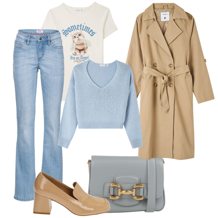 Outfit donna - Il primo trench. Stile Trendy per Tutti i giorni. Abbinamento con jeans bootcut, borse a tracolla, maglieria, t-shirt, trench, mocassini.