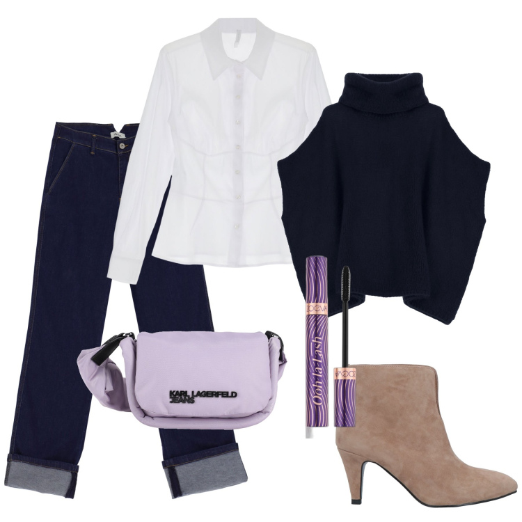 Outfit donna - Pretty woman. Stile Preppy per Ufficio. Abbinamento con stivaletti, borse a tracolla, mascara, camicie, maglieria, jeans dritti.