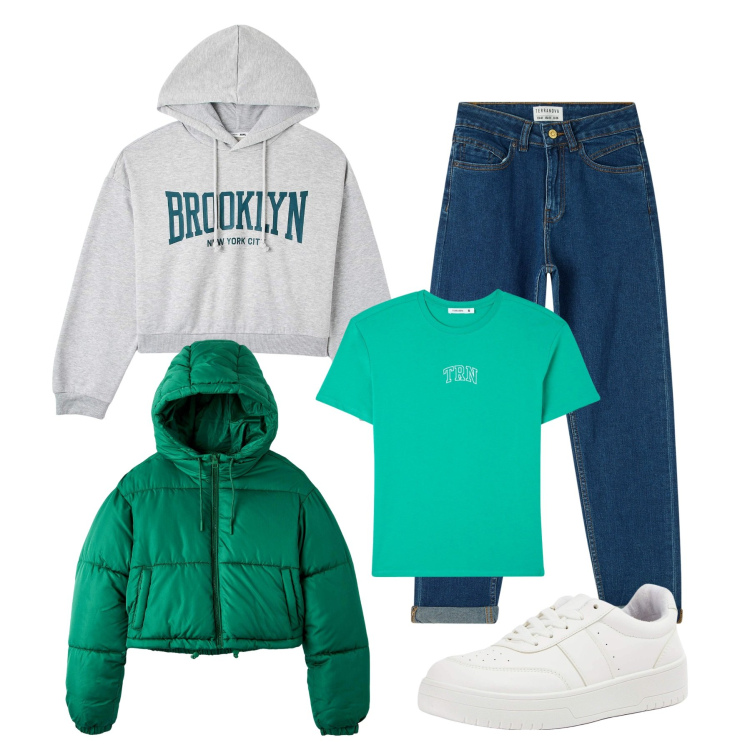 Outfit donna - Total look #1818530. Stile Casual per Scuola/Università. Abbinamento con jeans mom, sneakers, piumini, felpe con cappuccio, t-shirt.