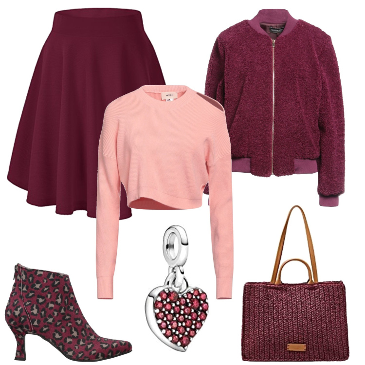 Outfit mujer - San Valentin. Estilo Casual chic para Todos los días. Combinación con minifaldas, colgantes, bandoleras, botines, abrigos, jerséis.