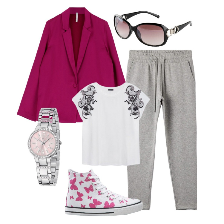 Outfit donna - Comoda in rosa. Stile Sporty chic per Tutti i giorni. Abbinamento con sneakers alte, occhiali da sole, orologi, pantaloni, blazer, t-shirt.