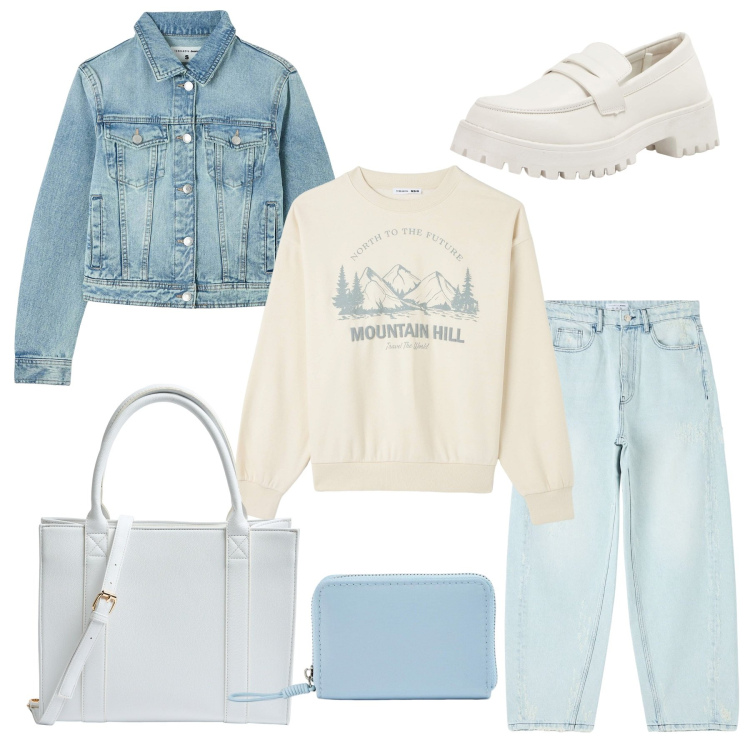 Outfit donna - Comodo e morbido. Stile Urban per Tutti i giorni. Abbinamento con felpe, jeans strappati, shopping bag, portafogli, mocassini, blazer.
