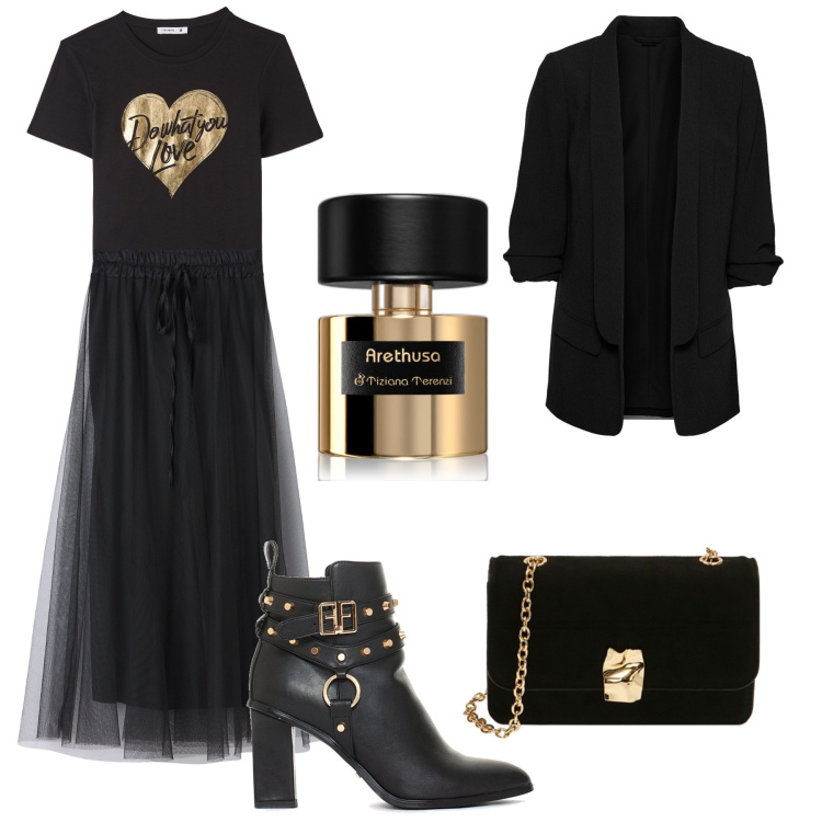 Outfit donna - Ufficio e cena fuori. Stile Trendy per Ufficio. Abbinamento con blazer, profumi, t-shirt, gonne lunghe, stivaletti, borse a tracolla.