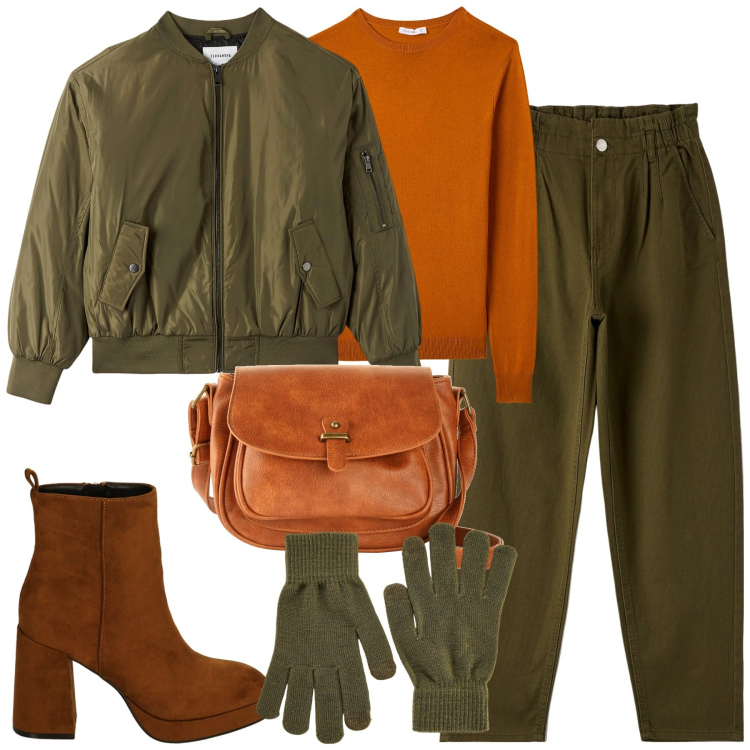 Outfit donna - City. Stile Urban per Tutti i giorni. Abbinamento con borse a tracolla, pantaloni, maglieria, guanti, bomber, stivaletti.