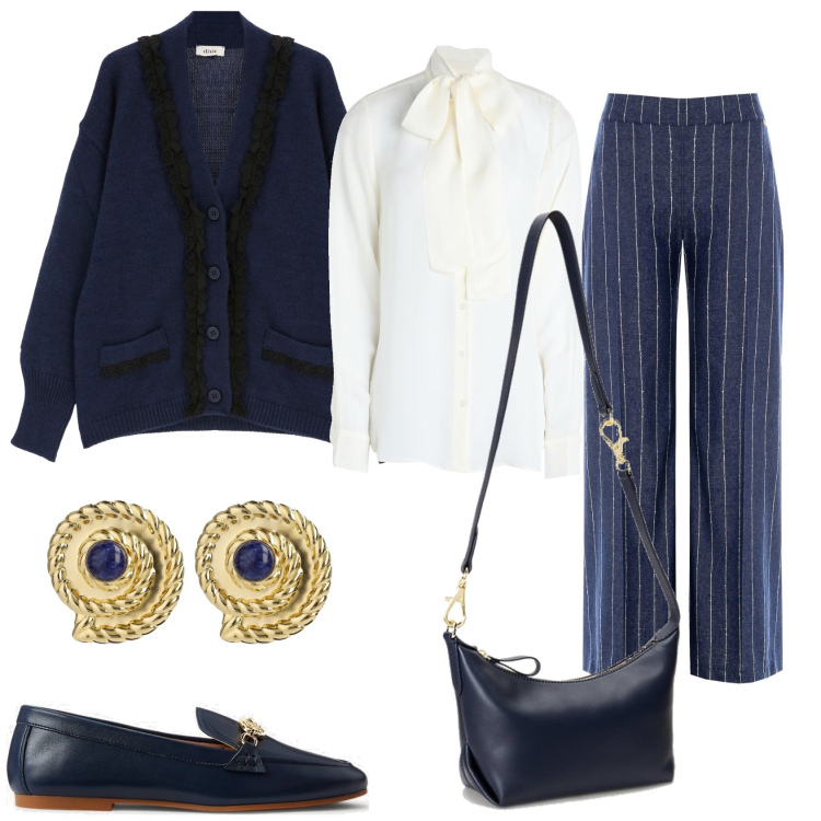Outfit donna - In eleganza blu. Stile Glamour per Tutti i giorni. Abbinamento con camicie, cardigans, pantaloni a palazzo, mocassini, borse a spalla, orecchini.