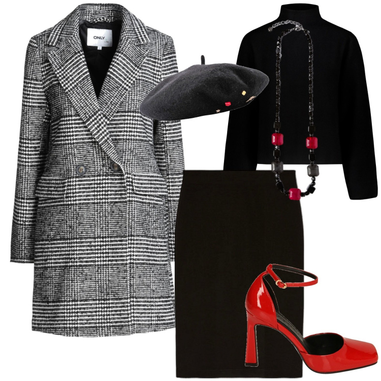 Outfit donna - A pranzo fuori. Stile Casual per Tutti i giorni. Abbinamento con cappelli e berretti, cappotti, décolleté, maglieria, gonne, collane.