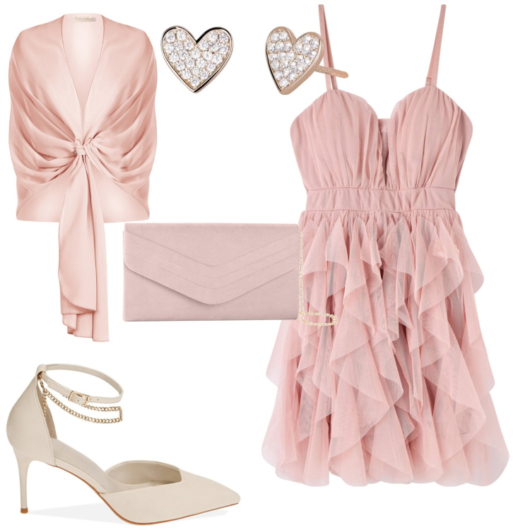 Outfit donna - Serata. Stile Glamour per Serata fuori. Abbinamento con pochette, vestiti corti, orecchini, stole, décolleté.