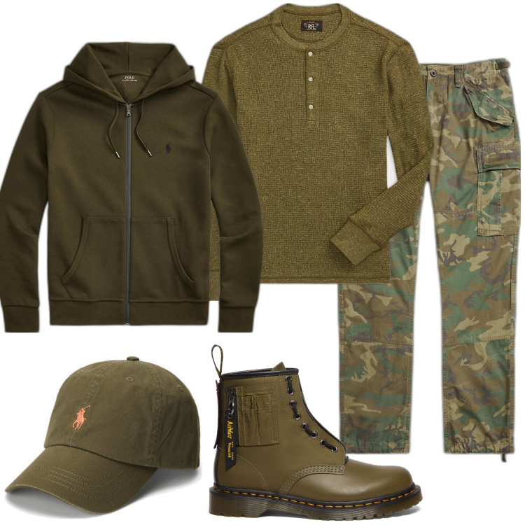 Outfit uomo - Mimetico. Stile Casual per Tutti i giorni. Abbinamento con cappelli, t-shirt, felpe, pantaloni cargo, stivali.
