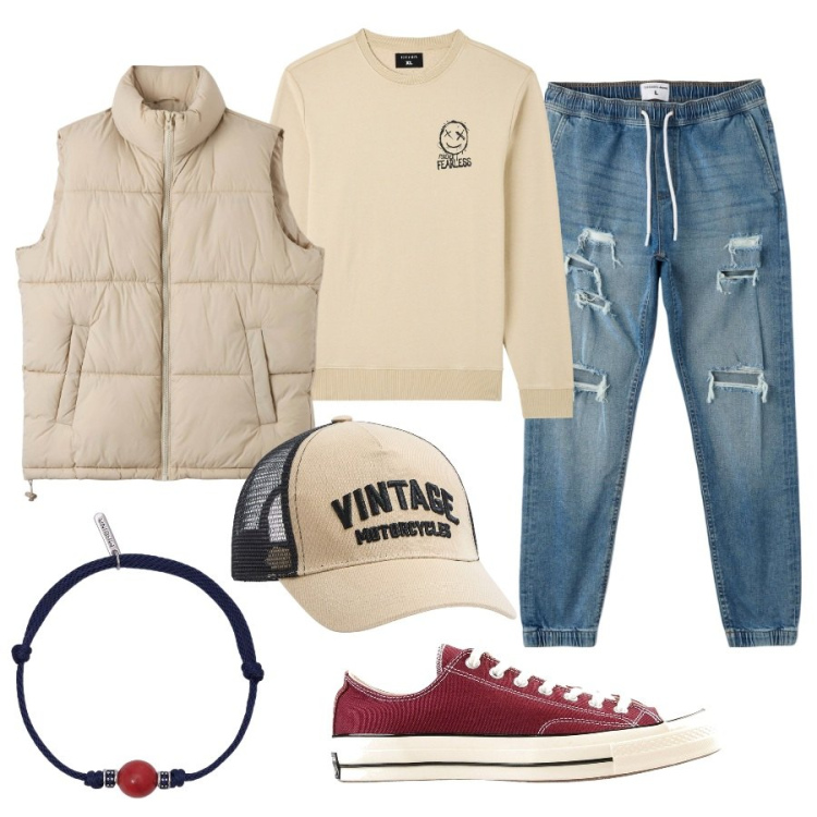 Outfit uomo - City time. Stile Urban per Tutti i giorni. Abbinamento con sneakers, felpe, jeans strappati, piumini, cappelli, braccialetti.