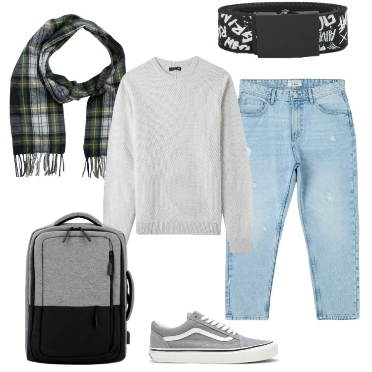 Outfit uomo - In ateneo. Stile Urban per Tutti i giorni. Abbinamento con jeans strappati, cinture, maglieria, borse sportive, sneakers, sciarpe.