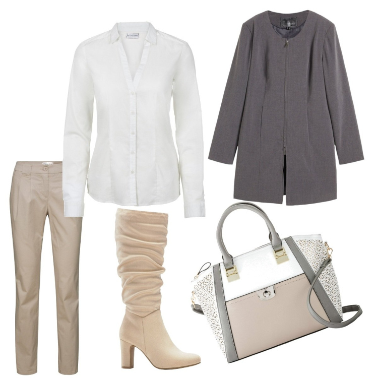 Outfit donna - Toni chiari. Stile Casual chic per Tutti i giorni. Abbinamento con pantaloni chino, camicie, blazer, stivali sopra il ginocchio, borse a mano.