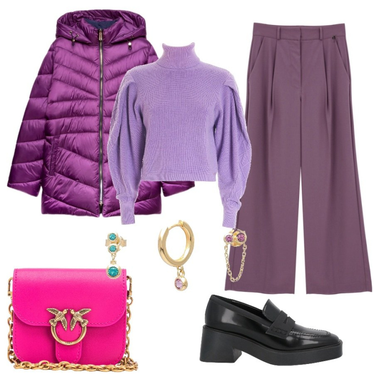 Outfit donna - Dettagli dorati. Stile Casual chic per Ufficio. Abbinamento con mocassini, orecchini, borse a tracolla, maglieria, pantaloni a palazzo, piumini.