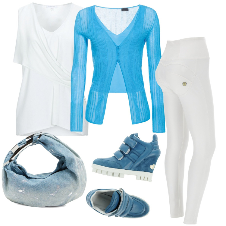 Outfit donna - Luminosa. Stile Casual per Tutti i giorni. Abbinamento con sneakers, top, cardigans, pantaloni skinny, borse a spalla.