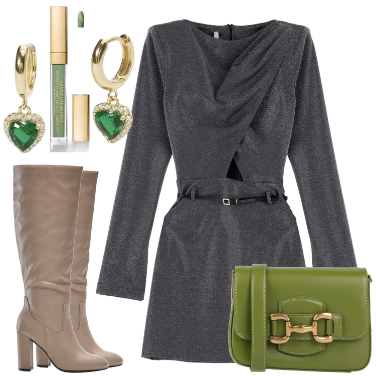Outfit donna - Inverno. Stile Chic per Serata fuori. Abbinamento con stivali sopra il ginocchio, borse a tracolla, correttori, orecchini, vestiti corti.