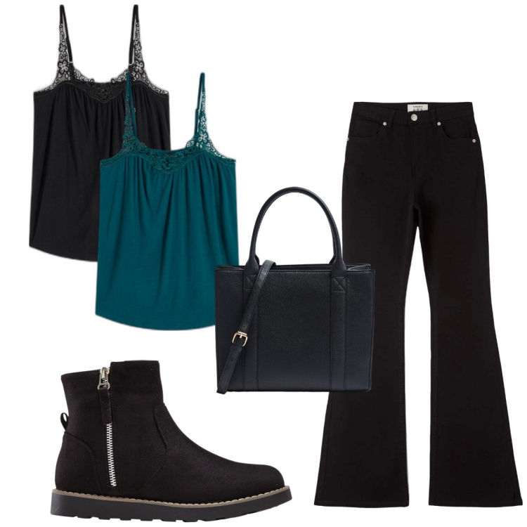 Outfit donna - Total look #1818682. Stile 70s per Tutti i giorni. Abbinamento con stivaletti, top, pantaloni, shopping bag.