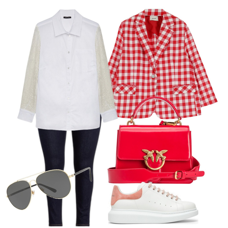Outfit donna - Ghost outfitter - febbraio. Stile Trendy per Tutti i giorni. Abbinamento con blazer, borse a tracolla, jeans skinny, occhiali da sole, sneakers, camicie.