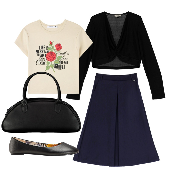 Outfit donna - Ghost outfitter - febbraio. Stile Bon Ton per Ufficio. Abbinamento con ballerine, t-shirt, gonne longuette, maglieria, borse a spalla.