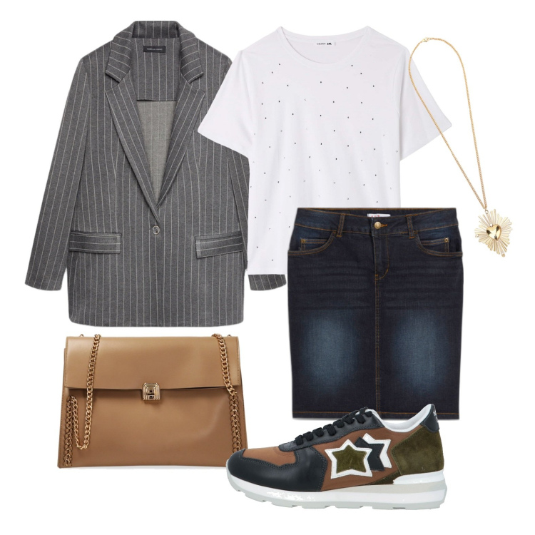 Outfit donna - Ghost outfitter - febbraio. Stile Casual per Tutti i giorni. Abbinamento con gonne, sneakers, t-shirt, borse a spalla, ciondoli, blazer.