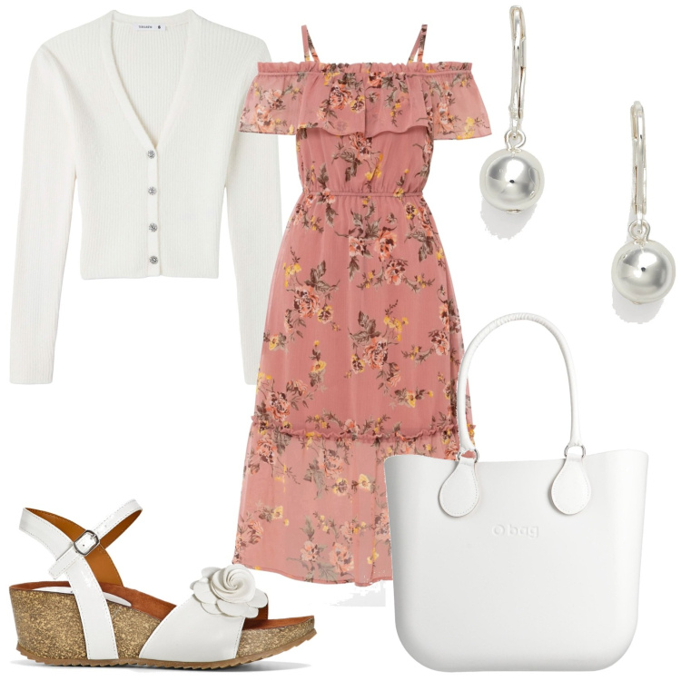 Outfit donna - Vestito fiorellini. Stile Romantica per Tutti i giorni. Abbinamento con sandali, vestiti, borse a mano, cardigans, orecchini.