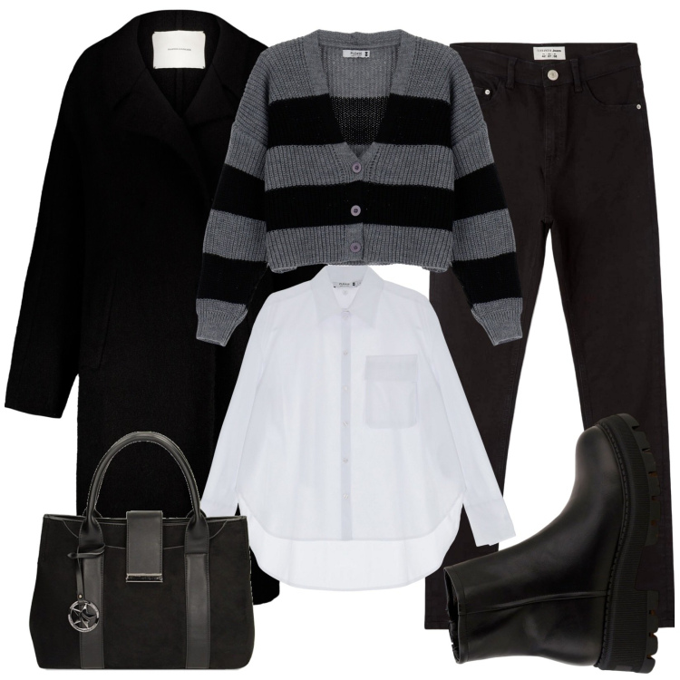 Outfit donna - Total look #1818722. Stile Urban per Scuola/Università. Abbinamento con jeans skinny, camicie, cardigans, stivaletti, borse a mano, cappotti.