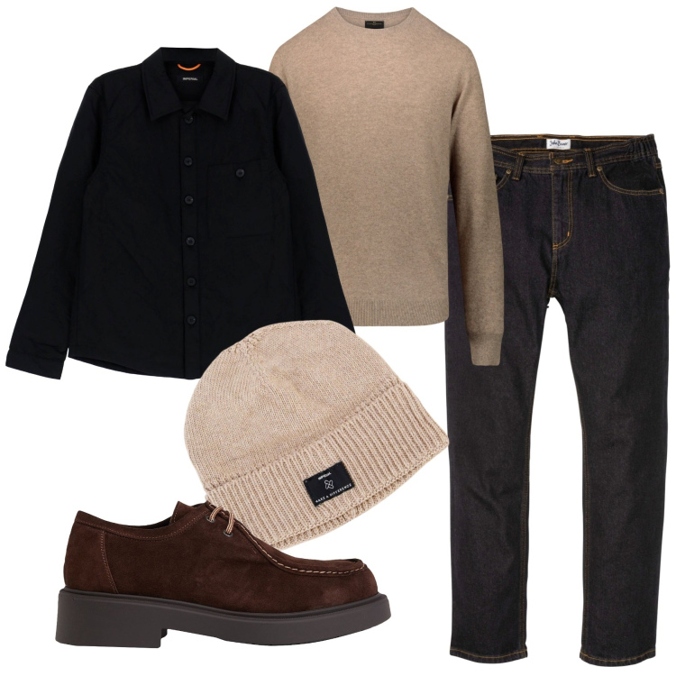 Outfit uomo - Inverno. Stile Casual per Tutti i giorni. Abbinamento con jeans dritti, scarpe stringate, berretti, cappotti, maglieria.