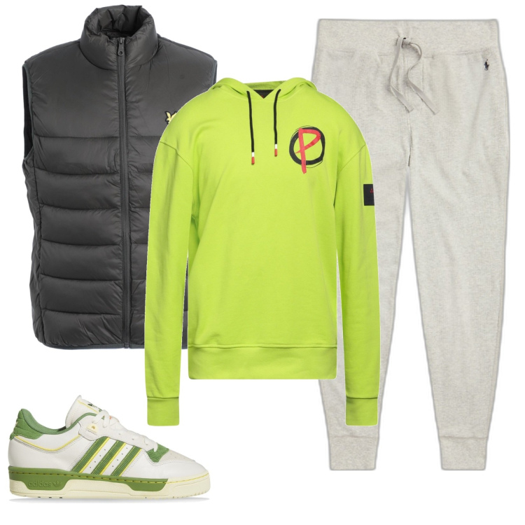 Outfit uomo - Total look #1818772. Stile Urban per Tutti i giorni. Abbinamento con piumini, felpe con cappuccio, pantaloni, sneakers.