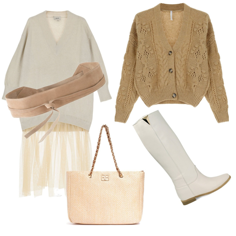 Outfit donna - Soft and knitted. Stile Casual chic per Ufficio. Abbinamento con cinture, borse a spalla, cardigans, stivali, vestiti midi/longuette.